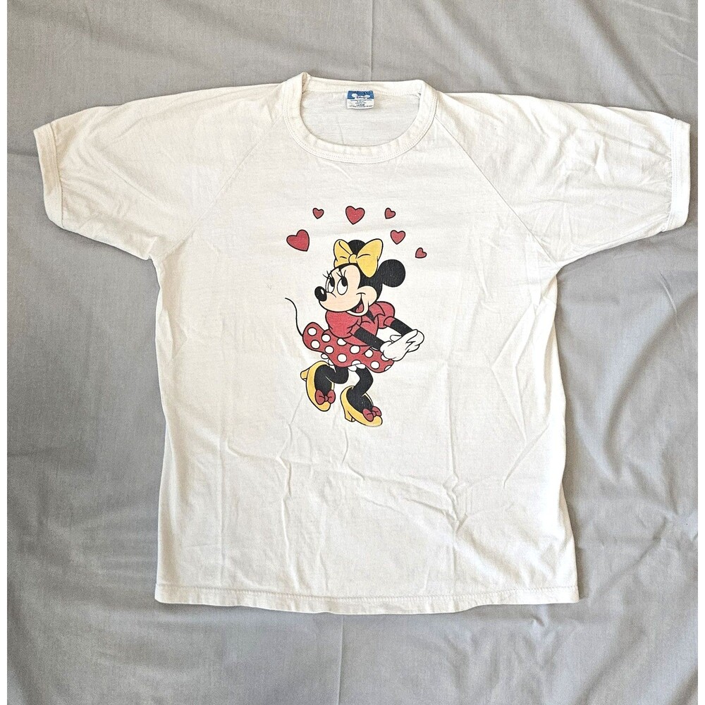 Vintage Minnie Mouse Hearts T-Shirt Disney Made in USA White Graphic T Raglan LG